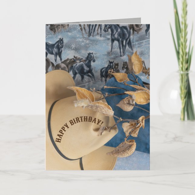 Western theme hat, horse, milk weed Birthday scene Card (Front)
