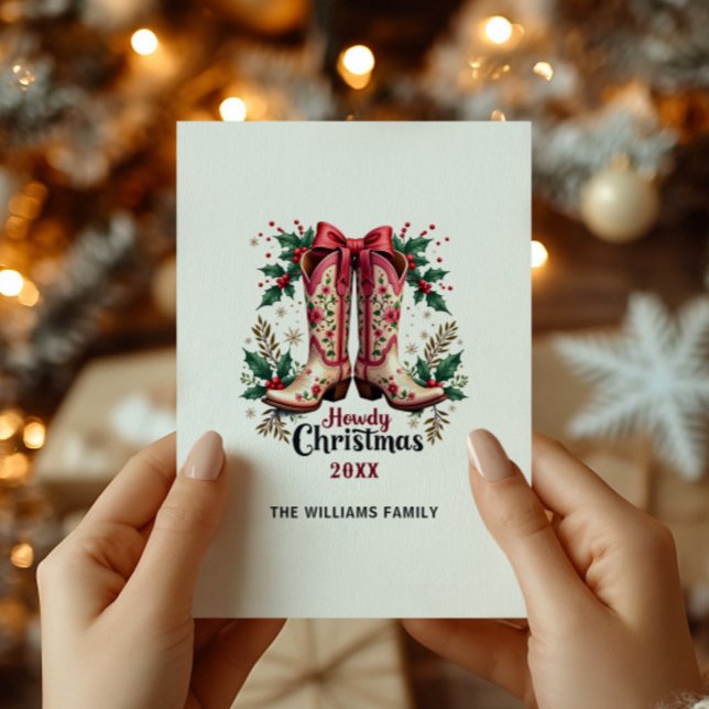 Western Theme Howdy Christmas Cowgirl Boots Holiday Card (Creator Uploaded)