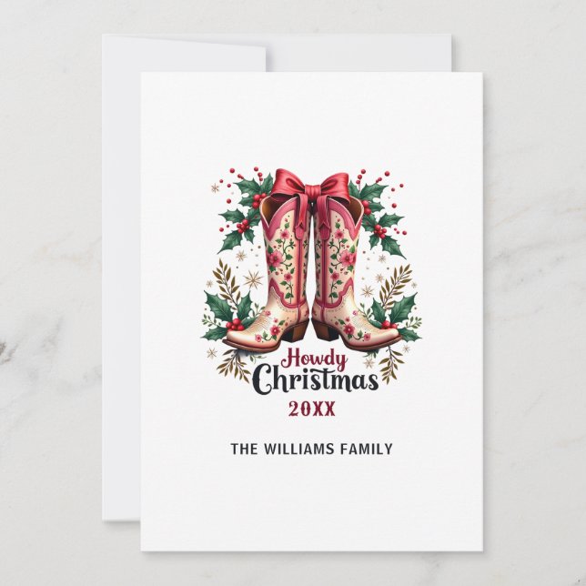 Western Theme Howdy Christmas Cowgirl Boots Holiday Card (Front)