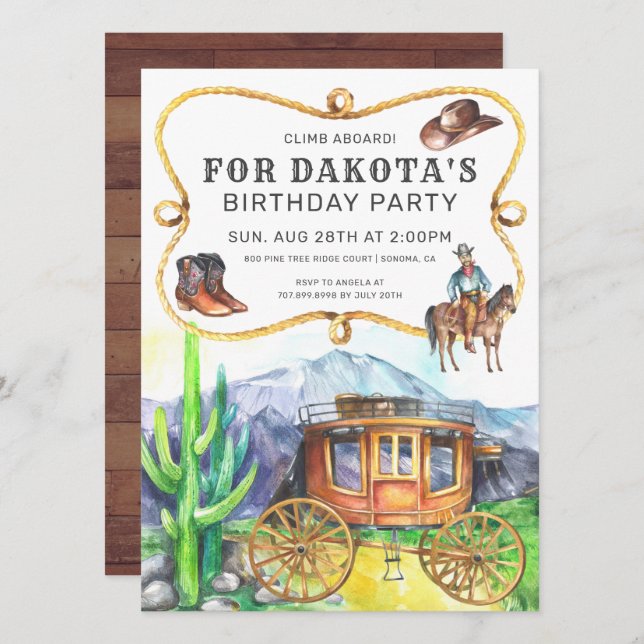Western Theme Stagecoach Cowboy Birthday Party Inv Invitation (Front/Back)