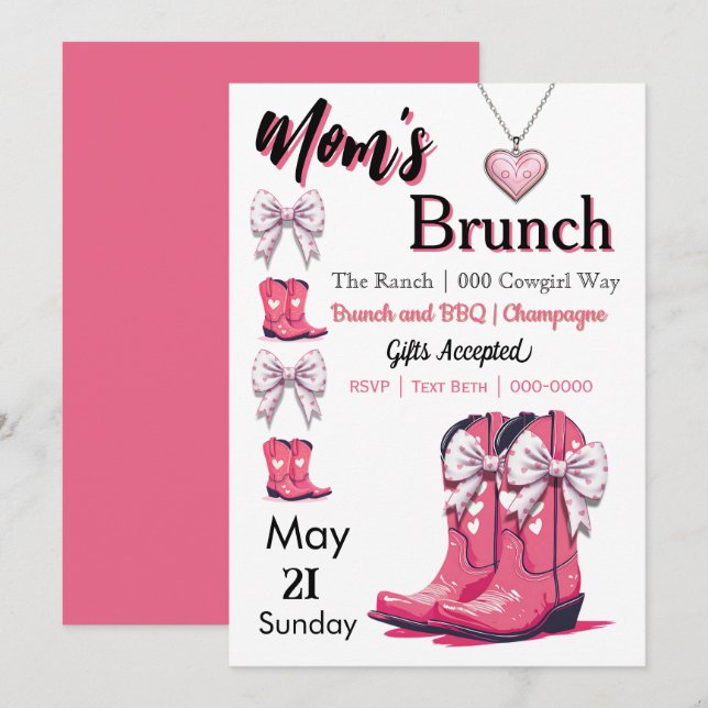 Western Themed Pink Bows and Boots Mum's Day  Invitation (Front/Back)