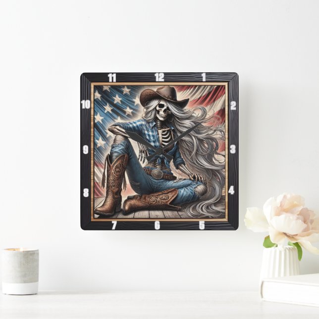 Western-Themed Skeleton With Hat and Boots  Square Wall Clock (Home)