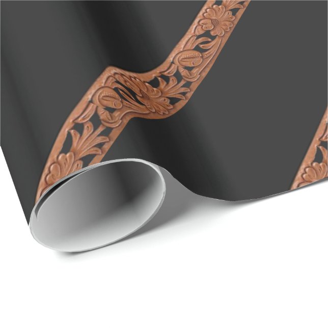Western Tooled Leather Belt Print Stripe On Black Wrapping Paper (Roll Corner)