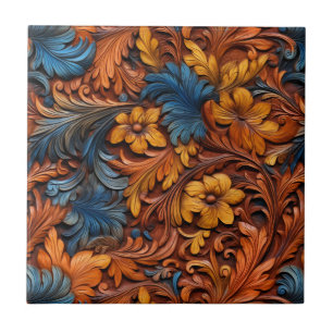 Western Tooled Leather Ceramic Tile