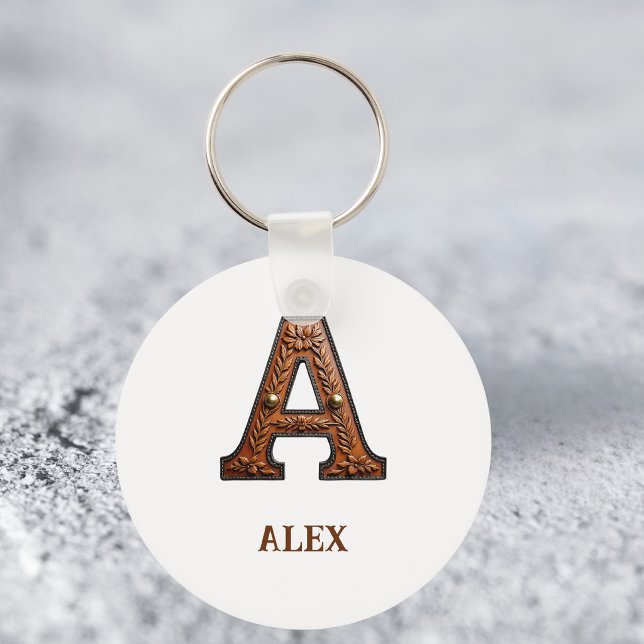 Western Tooled Leather Initial Monogram A Key Ring (Creator Uploaded)