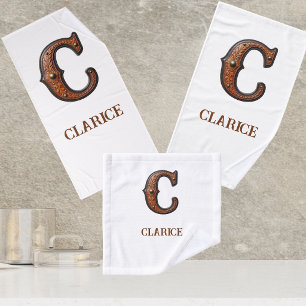 Western Tooled Leather Initial Monogram C Bath Towel Set