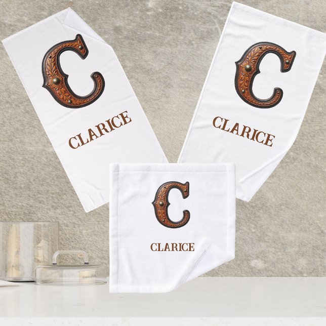 Western Tooled Leather Initial Monogram C Bath Towel Set (Creator Uploaded)