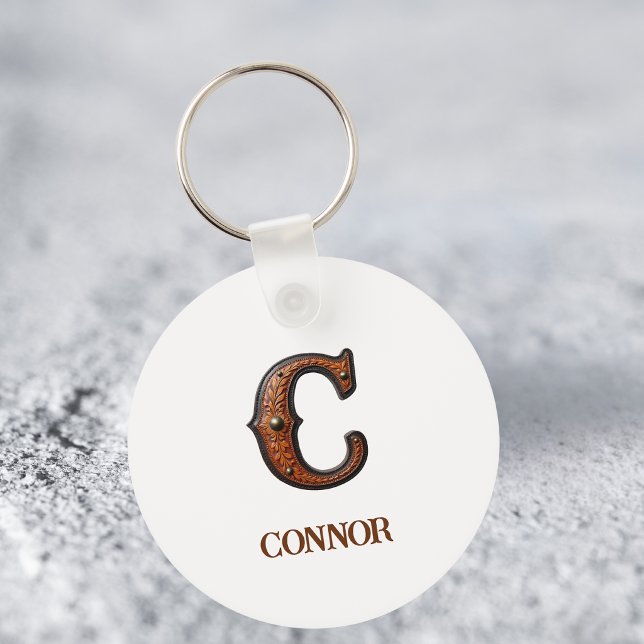 Western Tooled Leather Initial Monogram C Key Ring (Creator Uploaded)