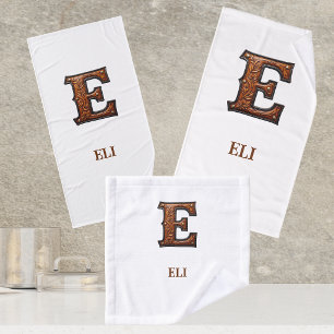 Western Tooled Leather Initial Monogram E Bath Towel Set