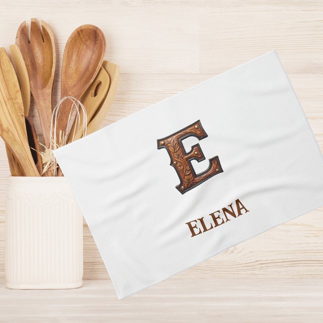 Western Tooled Leather Initial Monogram E Tea Towel (Creator Uploaded)