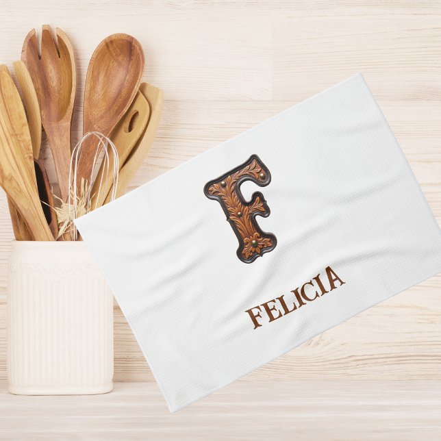Western Tooled Leather Initial Monogram F Tea Towel (Creator Uploaded)