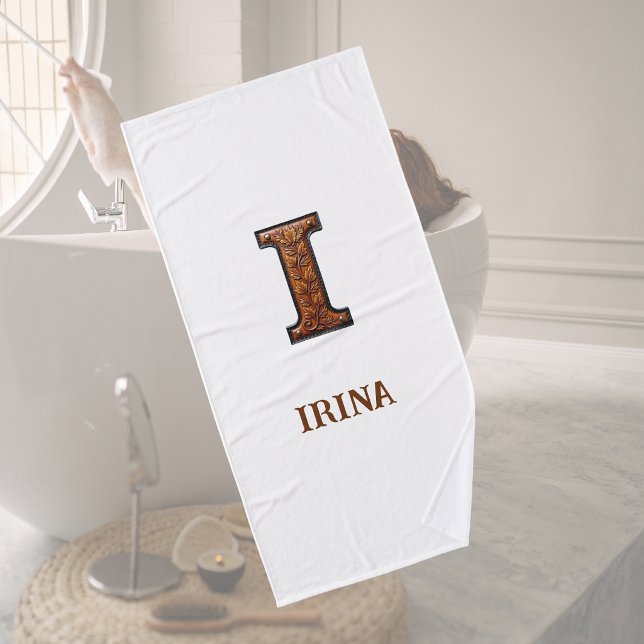Western Tooled Leather Initial Monogram I Bath Towel (Creator Uploaded)