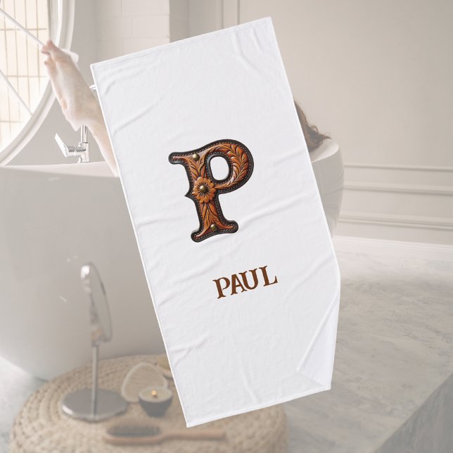 Western Tooled Leather Initial Monogram P Bath Towel (Creator Uploaded)