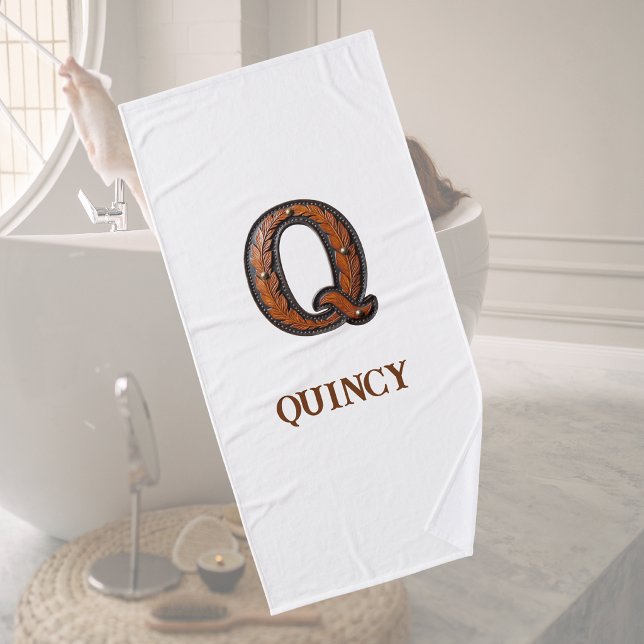Western Tooled Leather Initial Monogram Q Bath Towel (Creator Uploaded)