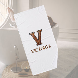 Western Tooled Leather Initial Monogram V Bath Towel