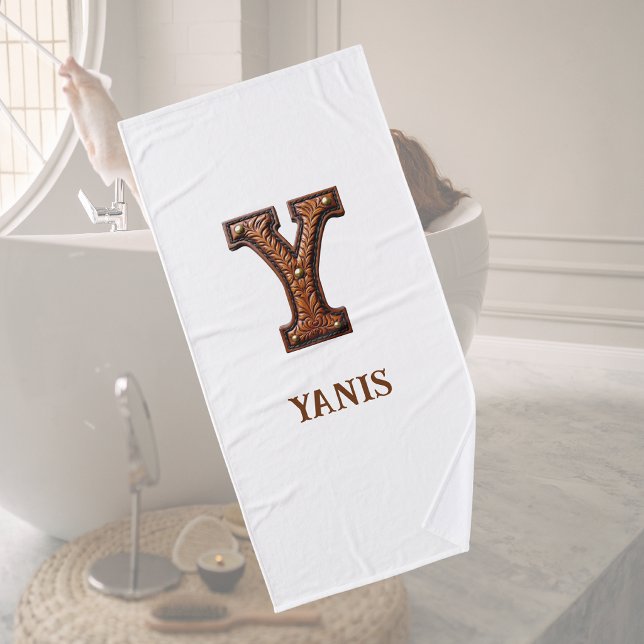 Western Tooled Leather Initial Monogram Y Bath Towel (Creator Uploaded)