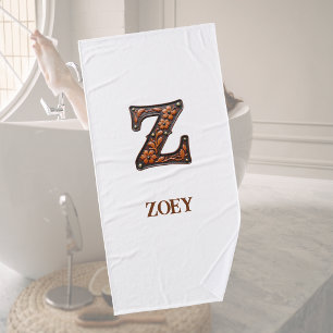 Western Tooled Leather Initial Monogram Z Bath Towel