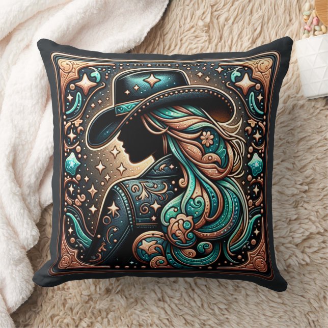 Western Tooled Leather Print Cowgirl Cushion (Blanket)