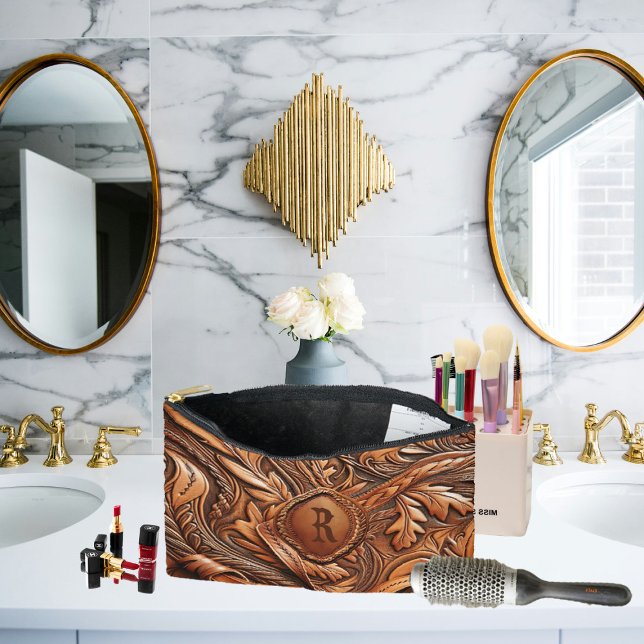 Western Tooled Leather Print Custom Initial Accessory Pouch (Western Tooled Leather Collection 
Custom Initial Accessory Pouch)