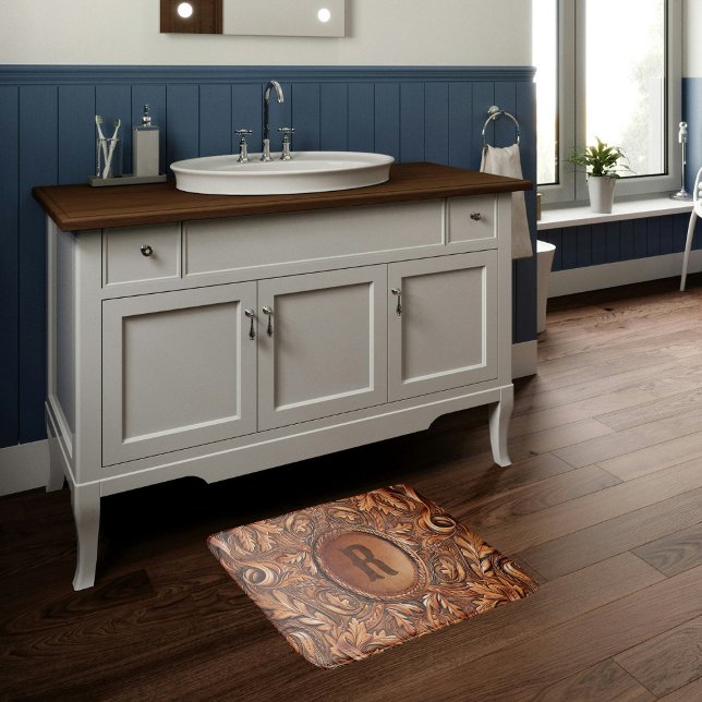 Western Tooled Leather Print Custom Initial  Bath Mat (Western Tooled Leather Collection 
Custom Initial Bath Mat)