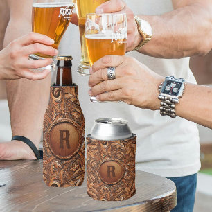 Western Tooled Leather Print Custom Initial  Can Cooler