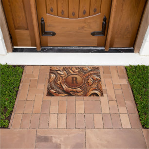 Western Tooled Leather Print Custom Initial  Doormat