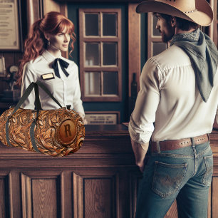 Western Tooled Leather Print Custom Initial Duffle Bag
