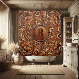Western Tooled Leather Print Custom Initial  Shower Curtain