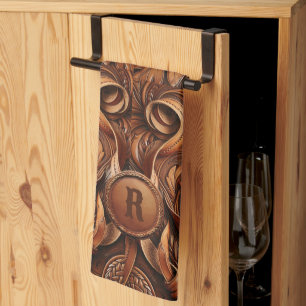 Western Tooled Leather Print Custom Initial  Tea Towel