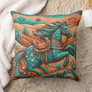 Western Tooled Leather Print Southwest Horse Cushion