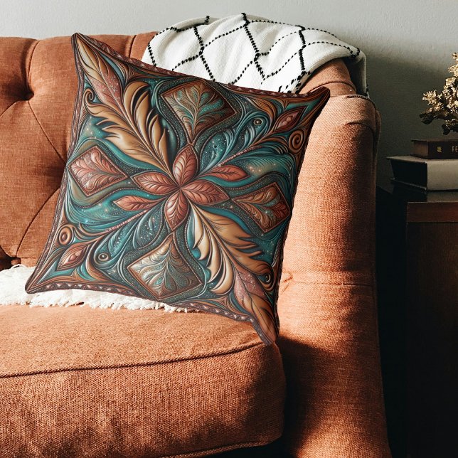 Western Tooled Leather Print Turquoise Copper Cushion (Western Tooled Leather Print Turquoise Copper Throw Pillow)