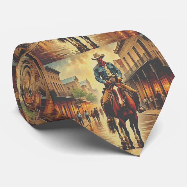 Western Town With Cowboy On Horse Tie (Rolled)