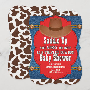 Western Triplet Cowboys Baby Shower Invitation