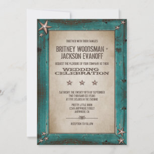 Western Turquoise Barn Wood Wedding Invitations