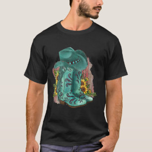 Western Turquoise Cowboy Boots Hat And Sunflowers T-Shirt