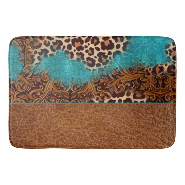 Western Turquoise Glitter Flourish Leather Leopard Bath Mat (Front)