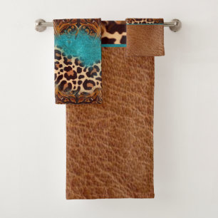 Western Turquoise Glitter Flourish Leather Leopard Bath Towel Set