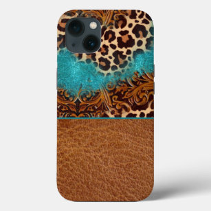 Western Turquoise Glitter Flourish Leather Leopard Case-Mate iPhone Case