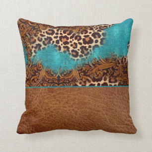 Western Turquoise Glitter Flourish Leather Leopard Cushion