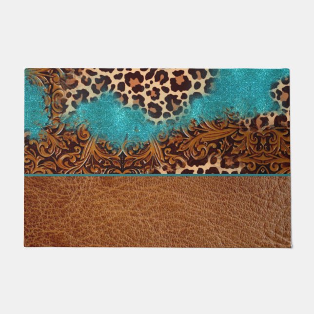 Western Turquoise Glitter Flourish Leather Leopard Doormat (Front)
