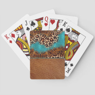Western Turquoise Glitter Flourish Leather Leopard Playing Cards