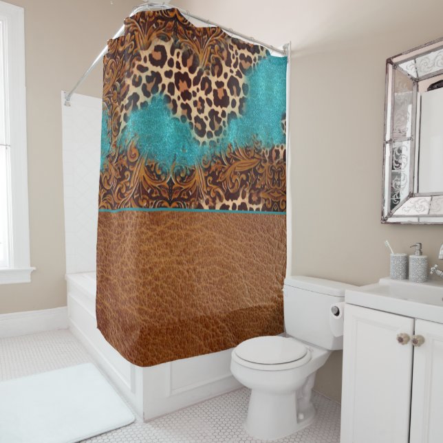 Western Turquoise Glitter Flourish Leather Leopard Shower Curtain (In Situ)