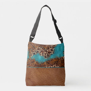 Western Turquoise Glitter Leather Flourish Leopard Crossbody Bag