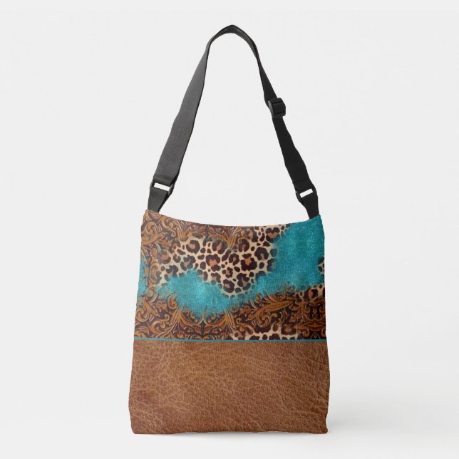 Western Turquoise Glitter Leather Flourish Leopard Crossbody Bag (Front)