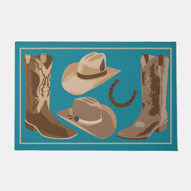 Western Turquoise Teal Blue Brown Cowboy Boots Hat Doormat (Front)