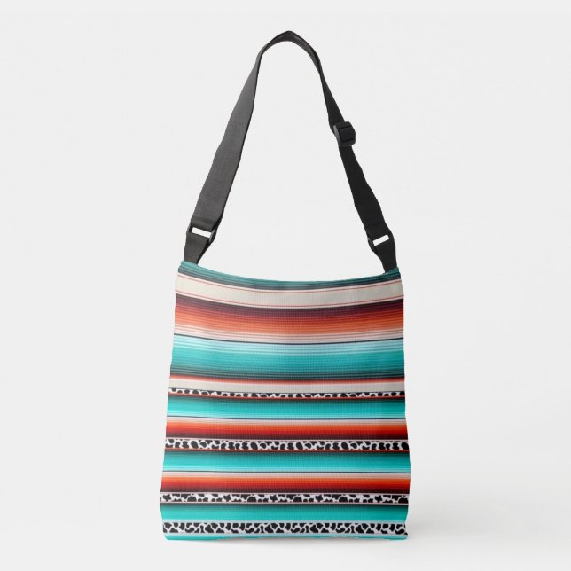 Western Turquoise Terracotta Stripes Cow Print Crossbody Bag (Front)