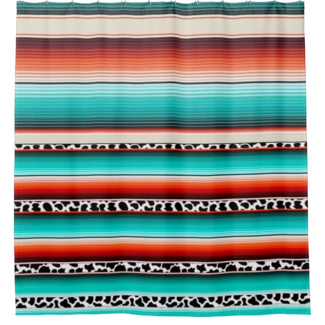 Western Turquoise Terracotta Stripes Cow Print Shower Curtain (Front)