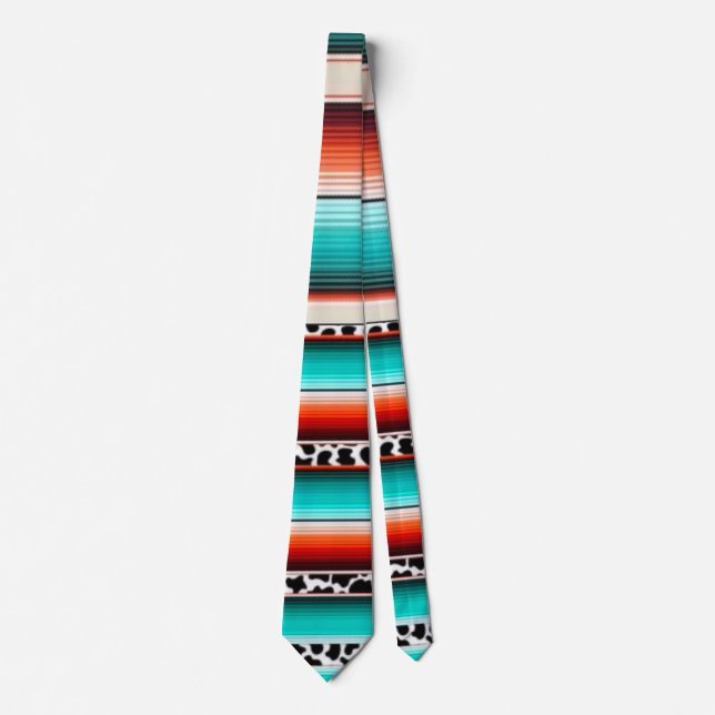 Western Turquoise Terracotta Stripes Cow Print Tie (Front)