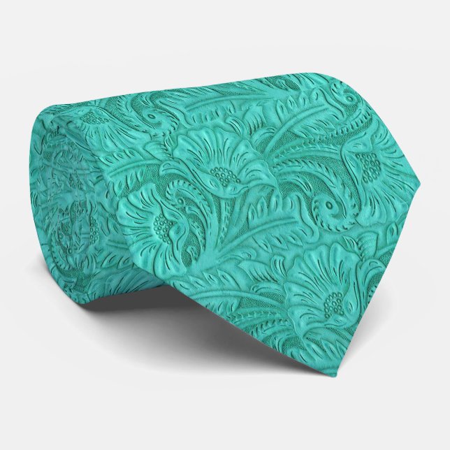 Western Turquoise Tooled Leather Print Necktie (Rolled)
