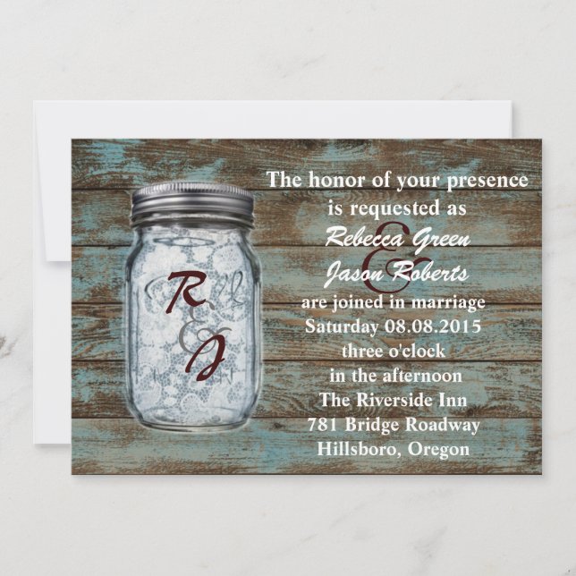 western vintage barnwood lace mason jar wedding invitation (Front)